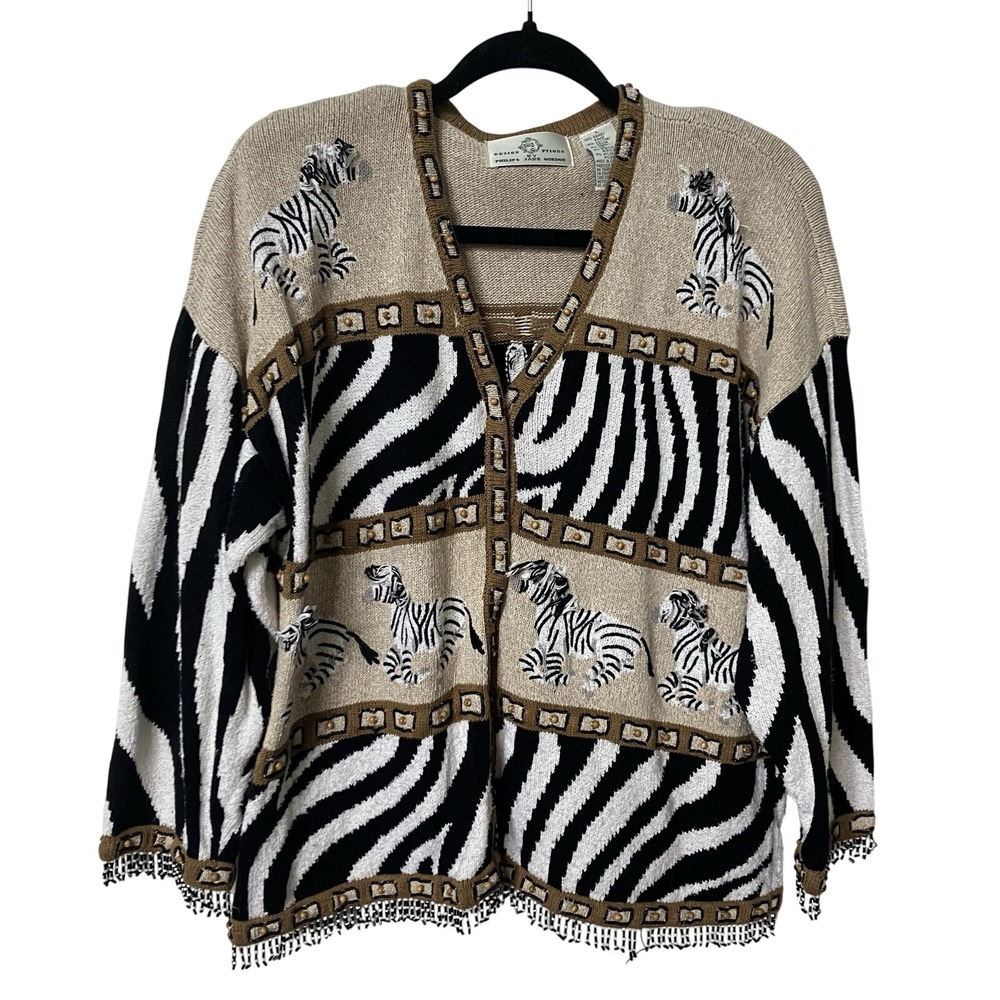 Vintage Design options 3D Zebra Cardigan Womens L Animal‎ Print Beaded Fringe